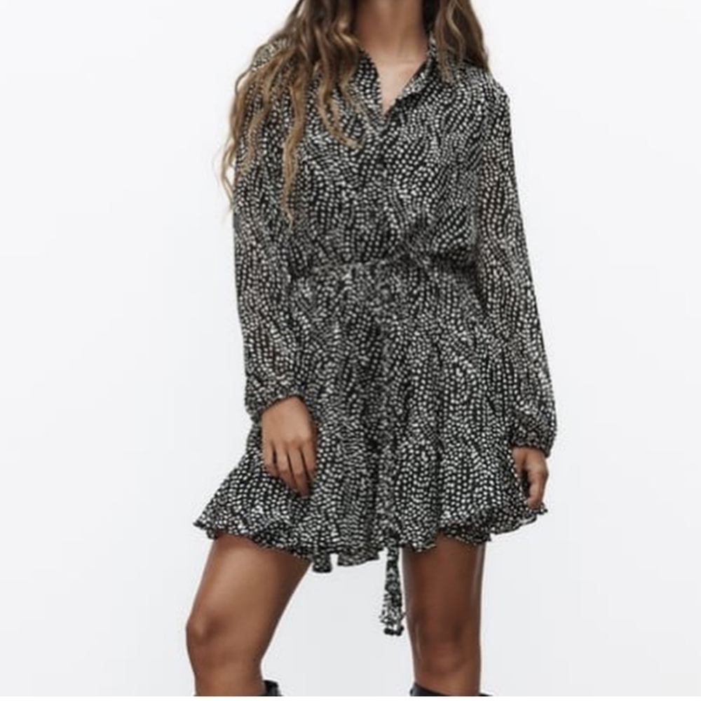 Zara Black and White Dotted Long-Sleeve Mini Dress
